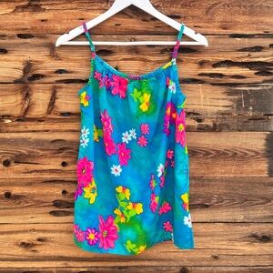 TAHITIAN BEACHWEAR | Tropical Teal Floral Hawaiian Sleeveless Shirt M